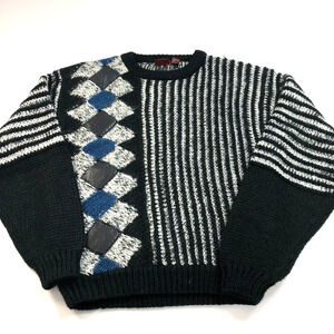 Bachrach Med MINT VTG 90s Hand Knit Acrylic Wool Pullover Sweater Black Blue